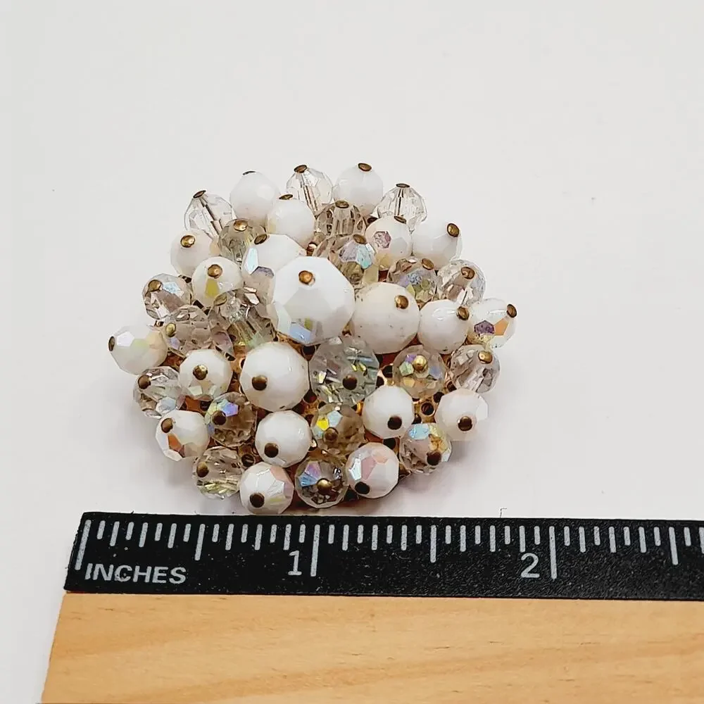 Vintage Beaded Brooch Clear & White AB Crystals Gold Tone Round 2 Inch